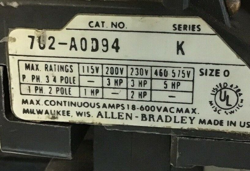ALLEN BRADLEY 702-A0D94 OVERLOAD RELAY SER.K575V 5HP W/70A86 110V.60HZ COIL