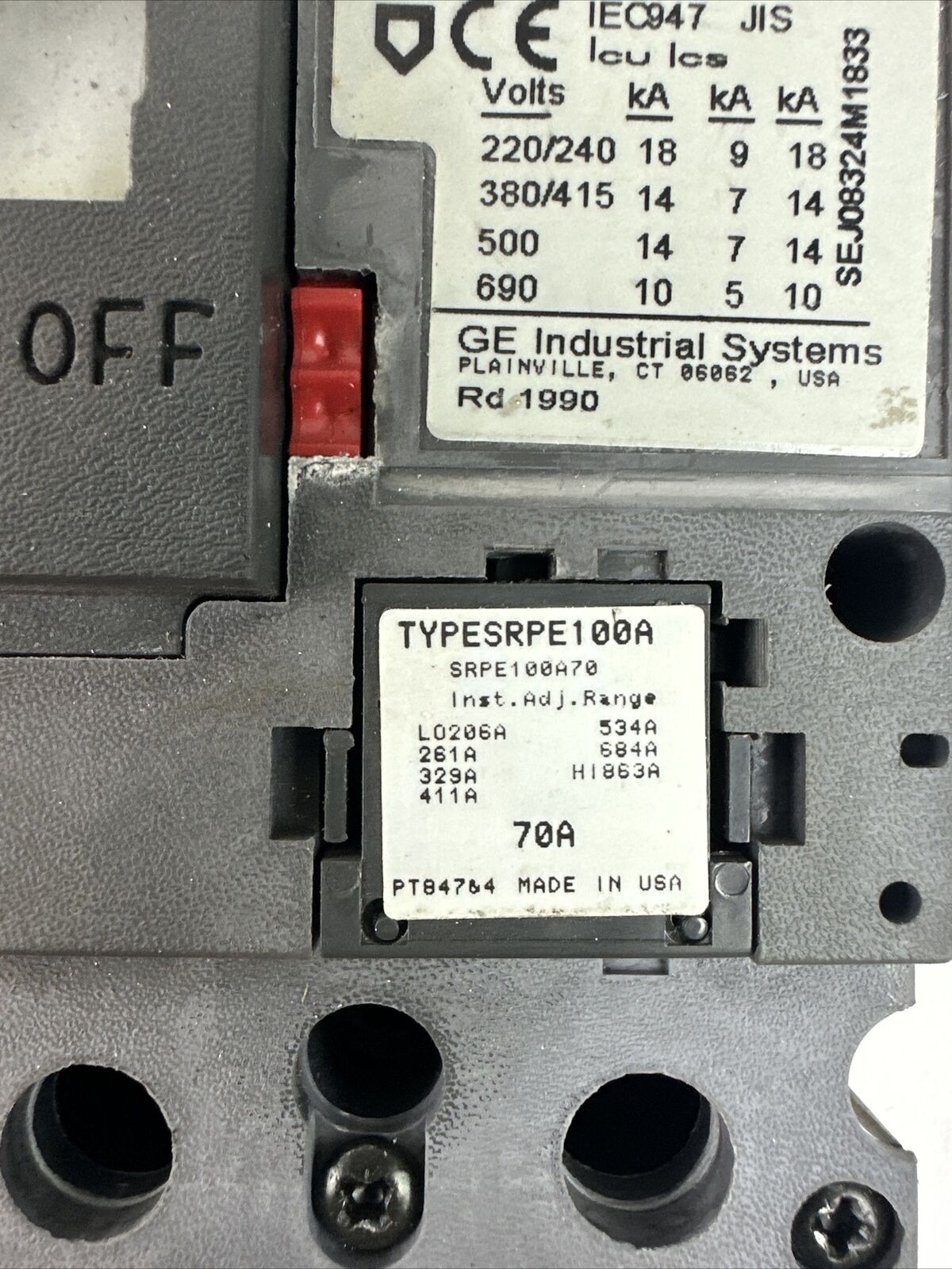 GE SEDA36AT0100 INDUSTRIAL CIRCUIT BREAKER 100A 600VAC 3P TYPESRPE100A 70A TRIP