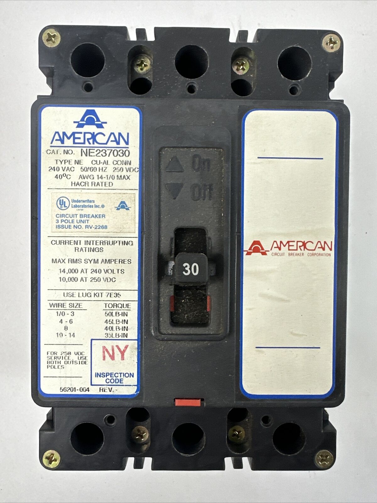 AMERICAN NE237030 CIRCUIT BREAKER 240VAC 250VDC 30AMPS 3POLES