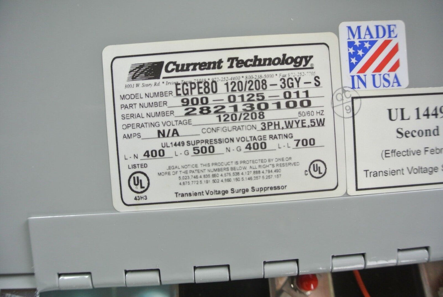 CURRENT TECHNOLOGY 900-0125-011 / EGPE80 PANELBOARD EXTENSION SUPPRESSION FILTER