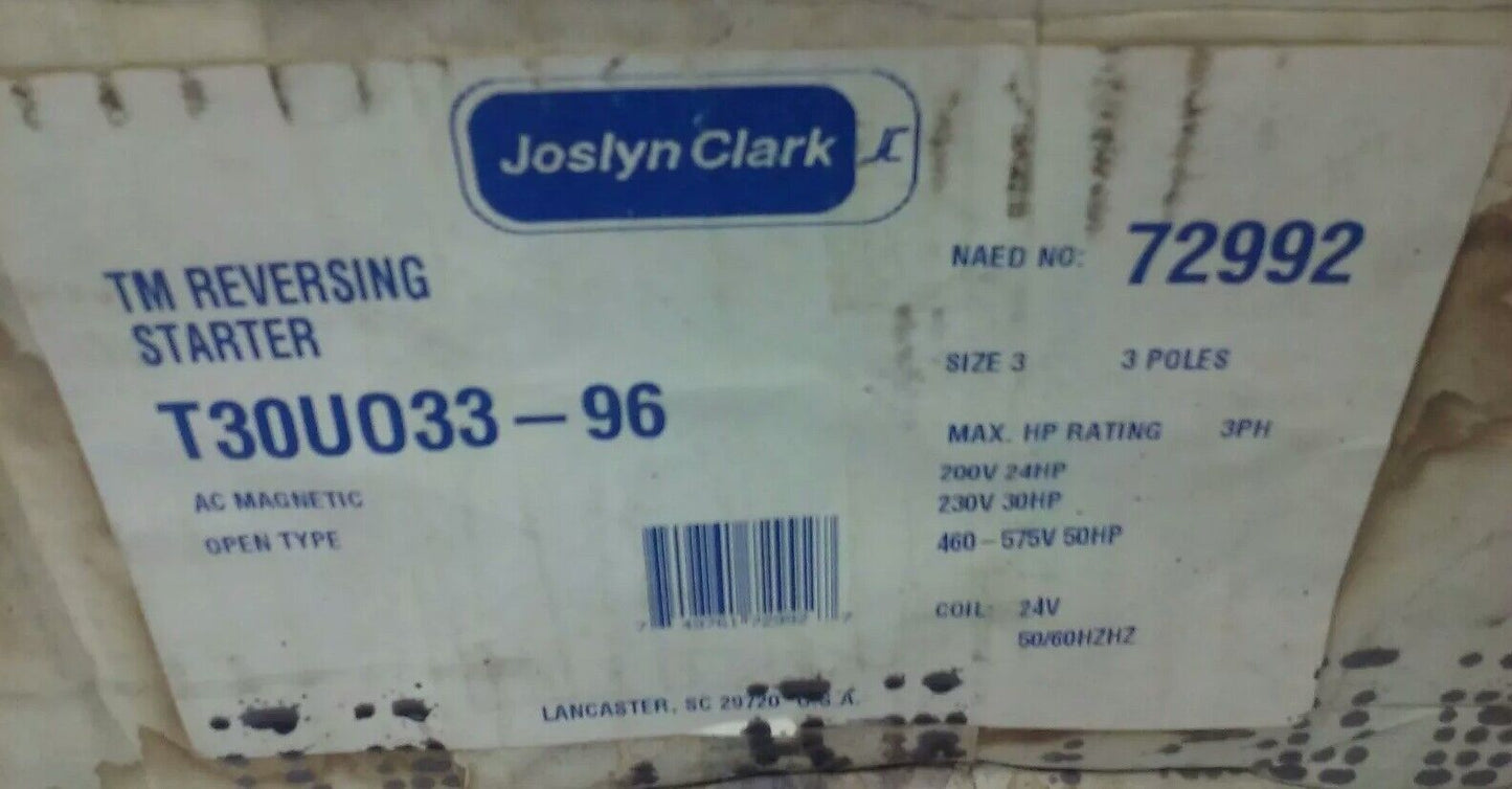 JOSLYN CLARK T30U033-96 TM REVERSING STARTER SIZE 3, 3PH, 90A, 600V, 50 HP, NEW