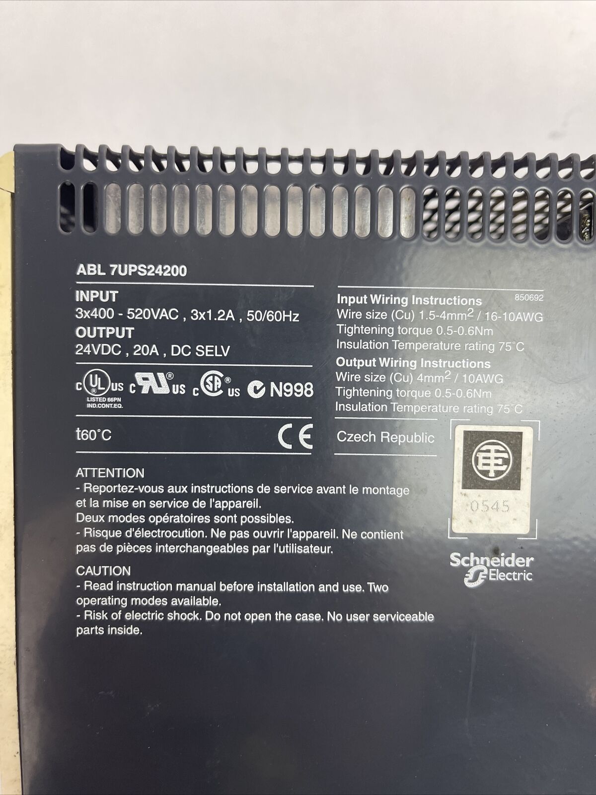 TELEMECANIQUE ABL 7UPS24200 POWER SUPPLY OUTPUT 24VDC 20A INPUT 3X400-520VAC