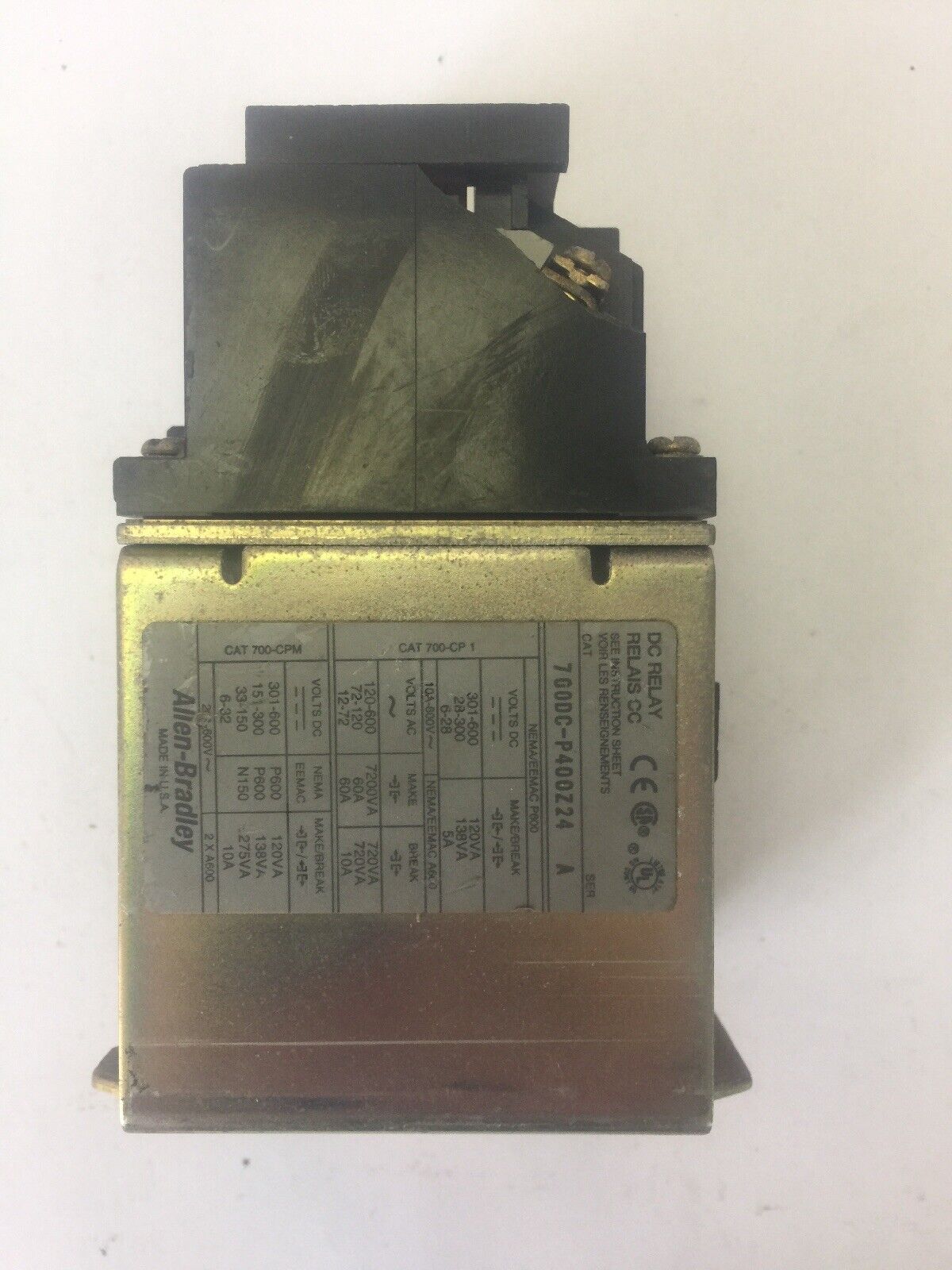 ALLEN BRADLEY 700DC-P400Z24 DC RELAY SER A 600V PD714 COIL 24 VDC BULLETIN 700DC