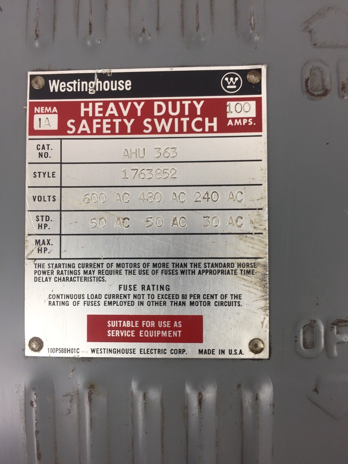 WESTINGHOUSE AHU363 HEAVY DUTY SAFETY SWITCH 600 VAC 100 AMP NEMA 1A