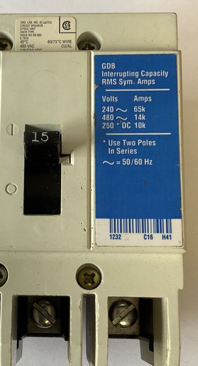 WESTINGHOUSE GDB 14K CIRCUIT BREAKER 15A 480VAC 3POLE 50/60HZ GDB3015DS1