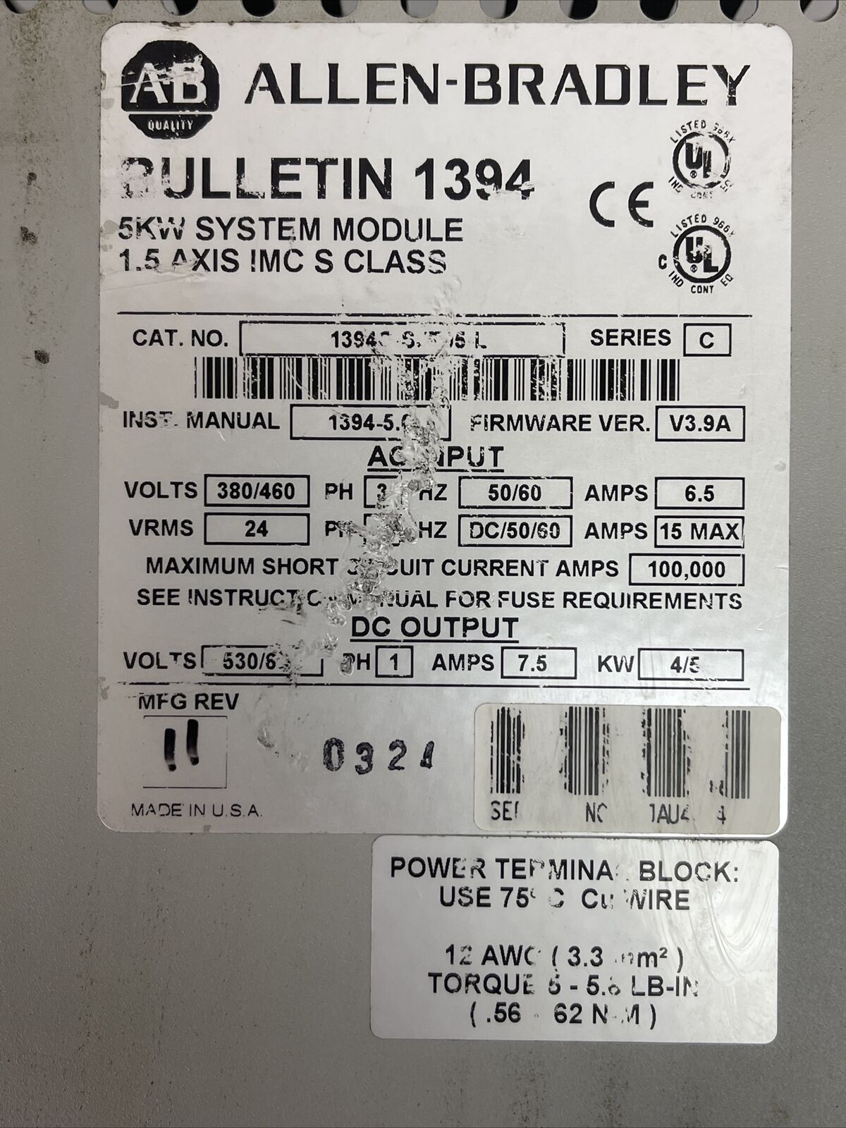 ALLEN BRADLEY 1394C-SJT05-L DIGITAL SERVO CONTROLLER 5KW SYSTEM MODULE 1.5 AXIS
