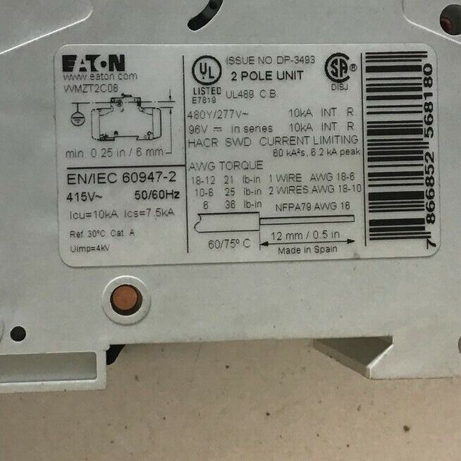 EATON WMZT2C08 CIRCUIT BREAKER 8A 480Y/277VAC 10KA 2POLE 50/60HZ***LOTOF2***