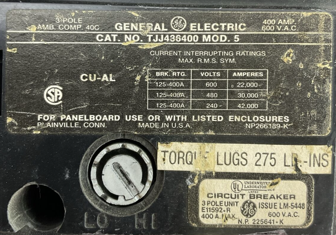 GE TJJ436400 MOD 5 CIRCUIT BREAKER 400AMP 600VAC 3POLE