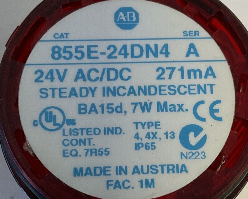 ALLEN BRADLEY 855E-24DN4 STEADY INCANDESCENT COVER SER.A 24VAC/DC 7W