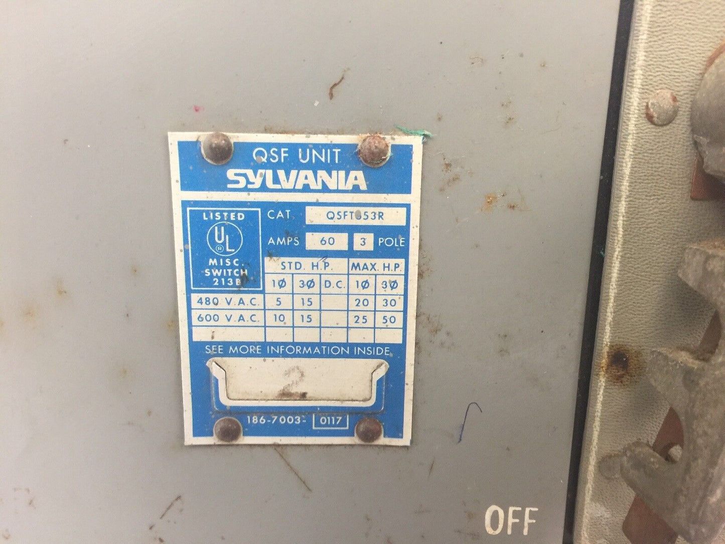 SYLVANIA QSFT653R FUSIBLE TWIN PANELBOARD SWITCH 600VAC 60A 3 POLE