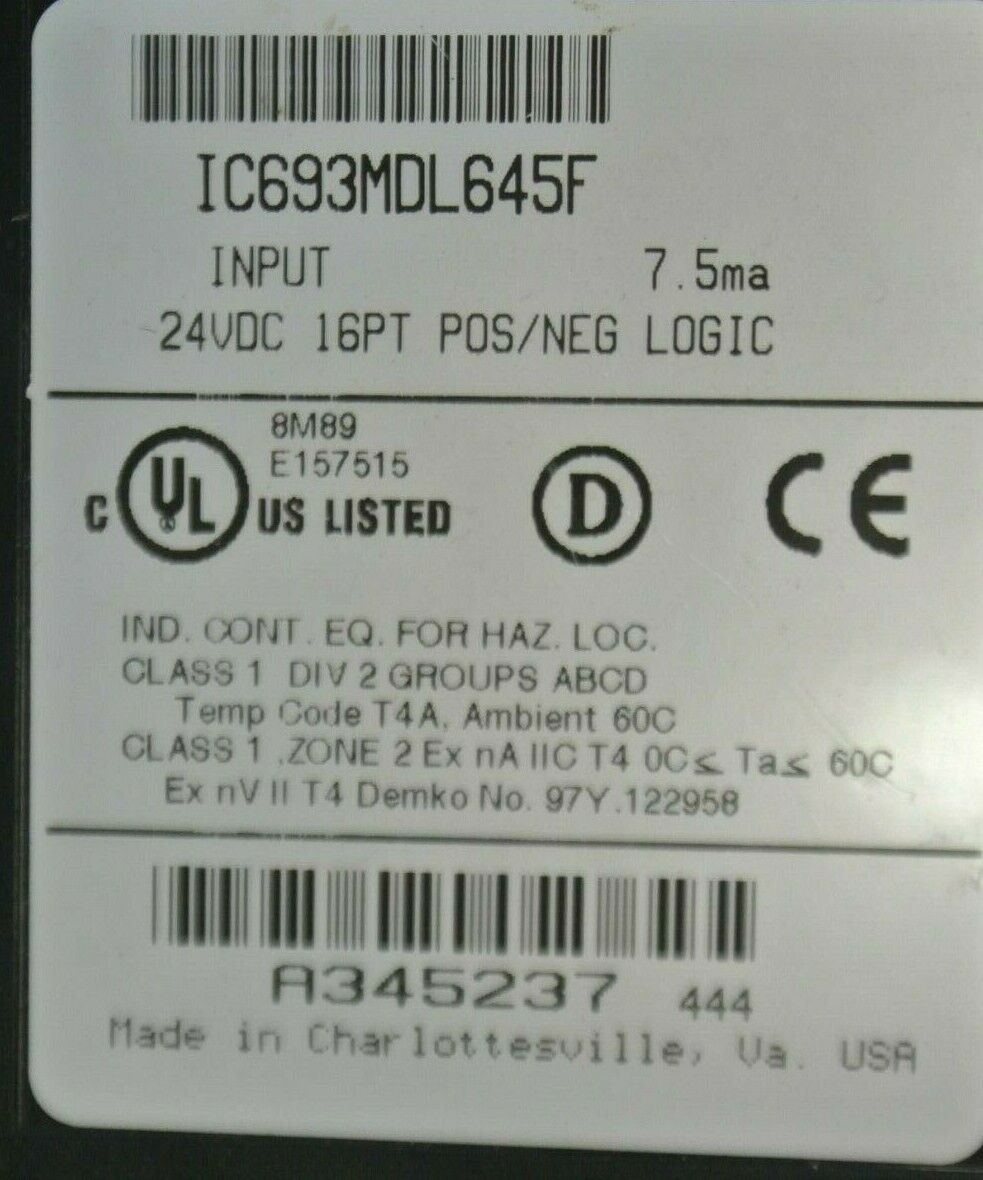 GE FANUC IC693MDL645F INPUT MODULE 24VDC 16PT POS/NEG LOGIC 7.5mA/Pt. - NO COVER