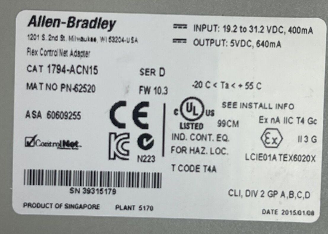 ALLEN BRADLEY 1794-ACN15 SER D FW 10.3 FLEX CONTROLNET ADAPTOR OUTPUT 5VDC