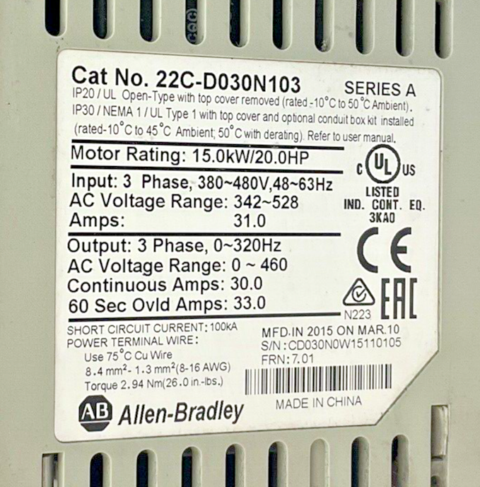 ALLEN-BRADLEY 22C-D030N103 SER. A FRN. 7.01 POWERFLEX 400 480VAC 20HP 31.0A