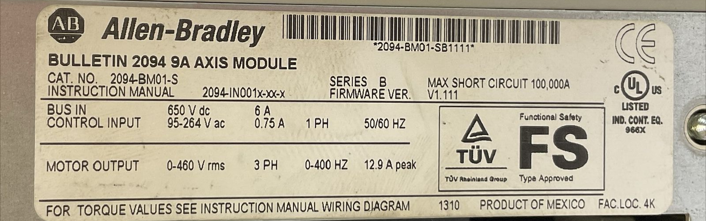 ALLEN BRADLEY 2094-BM01-S 15A AXIS MODULE SER B FIRMWARE V1.111