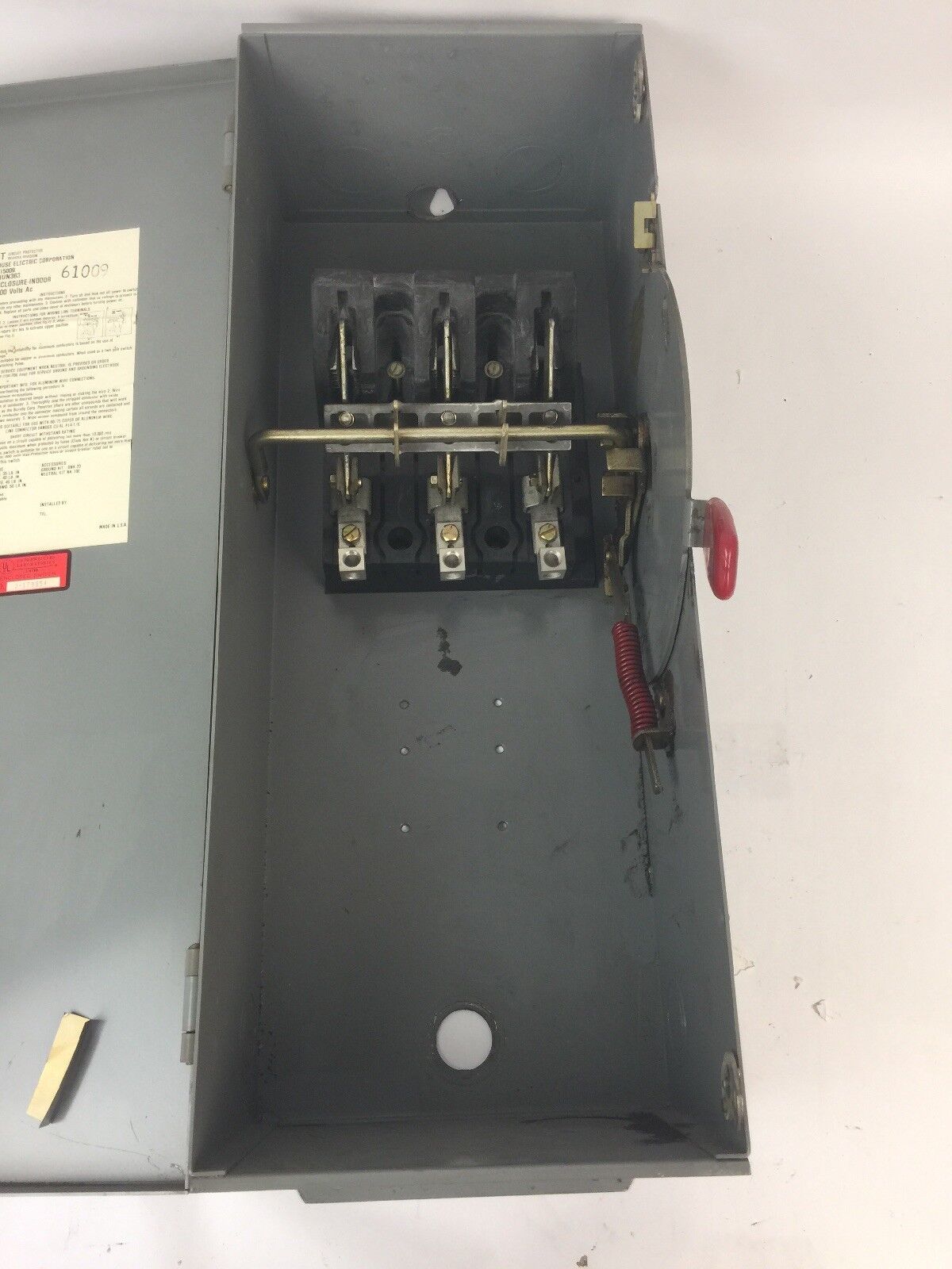 WESTINGHOUSE HUN363 HEAVY DUTY SAFETY SWITCH 100AMP 600VAC 75HP TYPE 1 ENCLOSURE