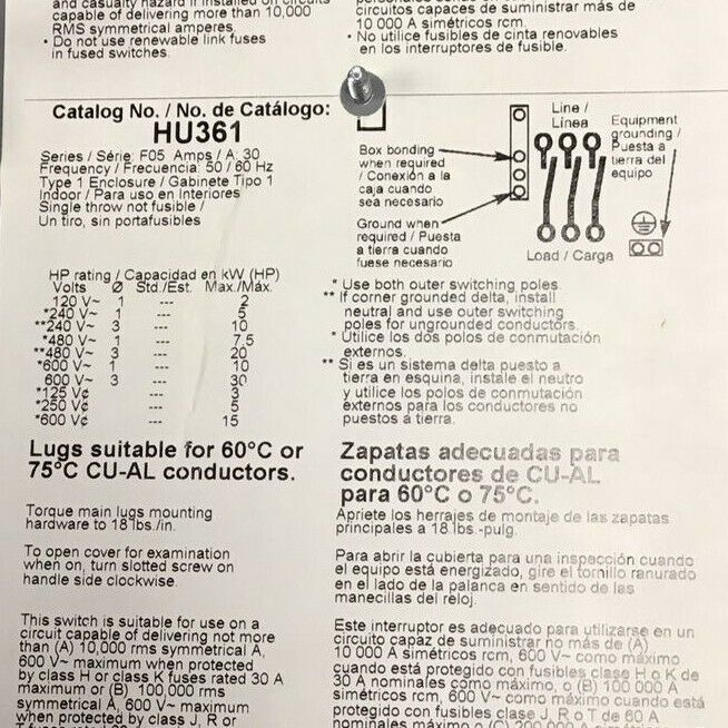 SQUARE D HU361 SER.F05 SAFETY SWITCH 30A 600VAC/DC NON FUSIBLE TYPE 1
