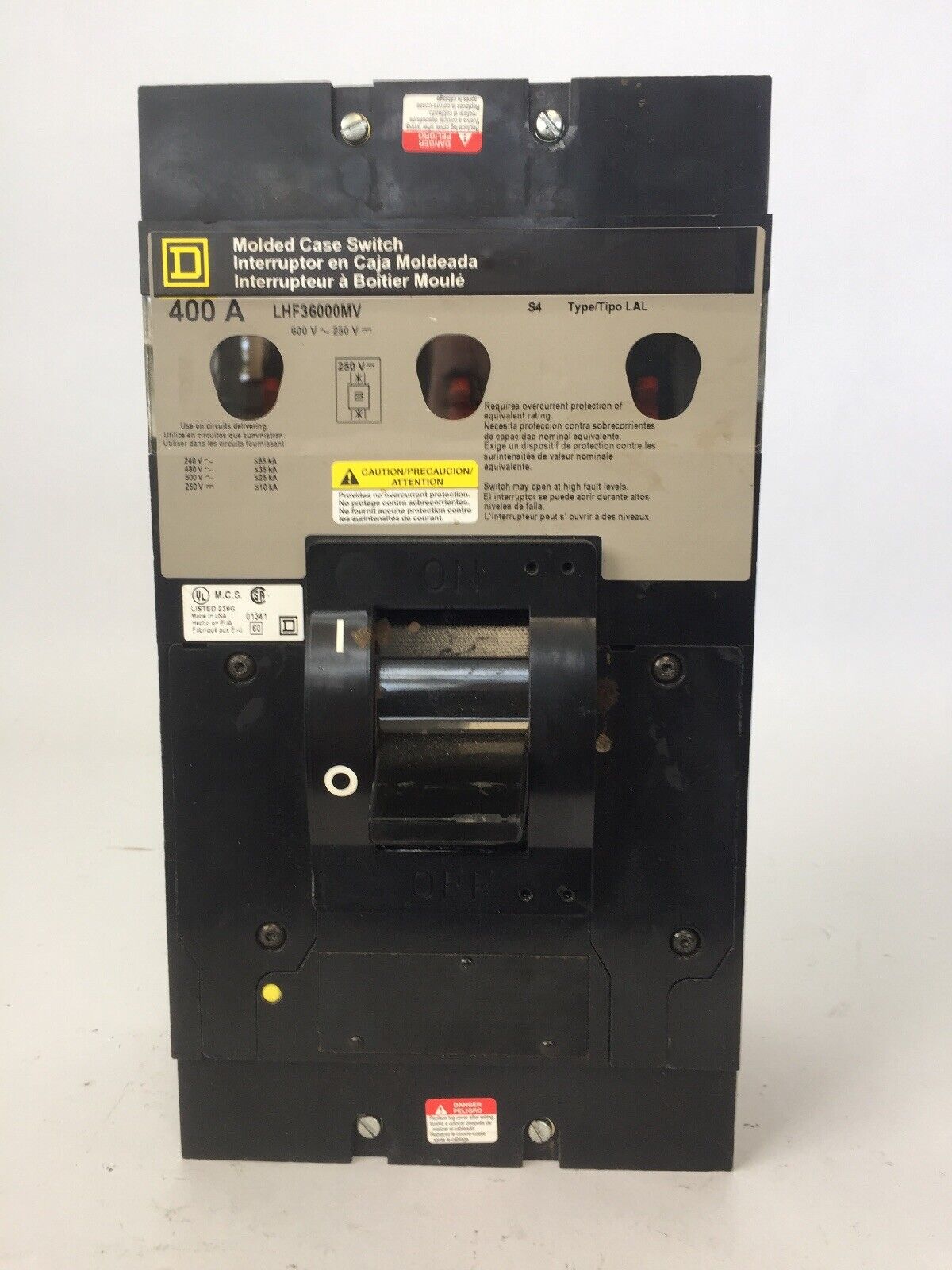 SQUARE D LHF36000MV MOLDED CASE SWITCH 400AMP 600VAC 250VDC 3 POLE