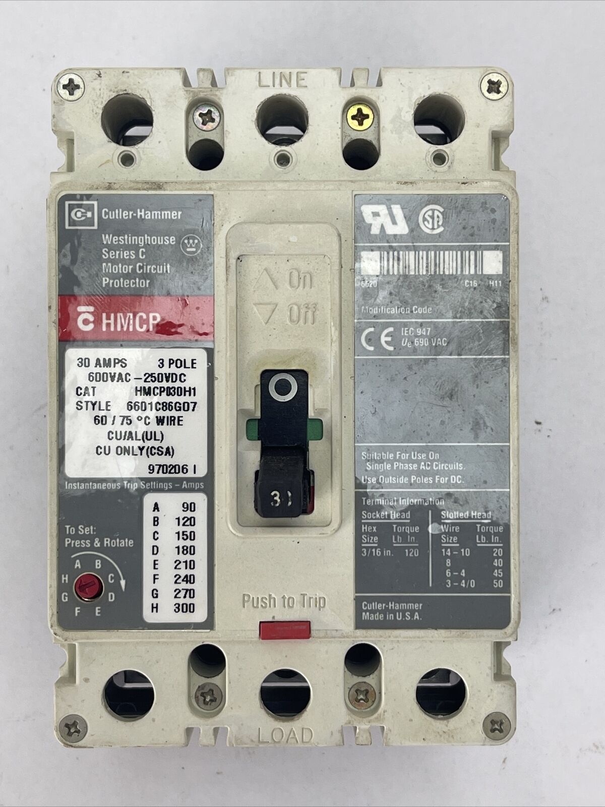 WESTINGHOUSE HMCP030H1 MOTOR CIRCUIT PROTECTOR 30AMP 3P 600VAC 250VDC 6601C86G07