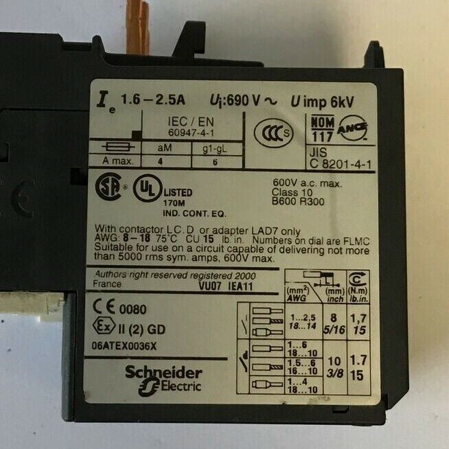 TELEMECANIQUE LRD 07 1.6-2.5A 690VAC 6KV CLASS 10 OVER LOAD RELAY