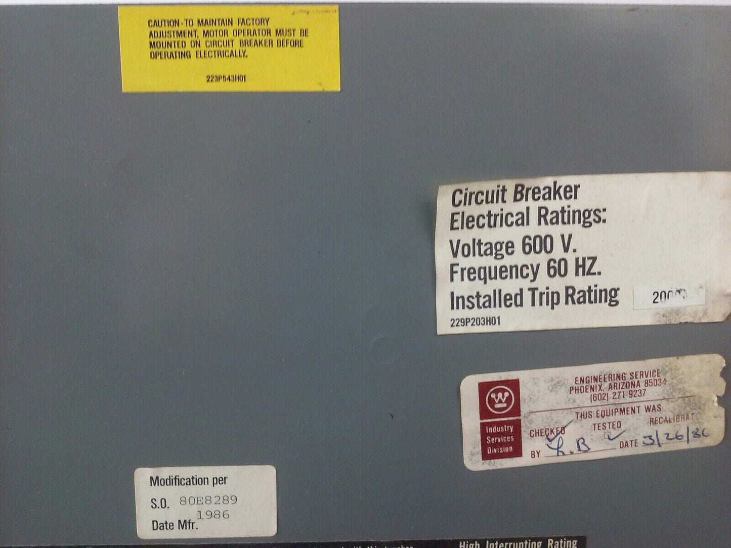WESTINGHOUSE PC32000FM 3P 600V, MOTOR OPERATER 5661D52G01 TYPE PC 120V 2P OR 3P