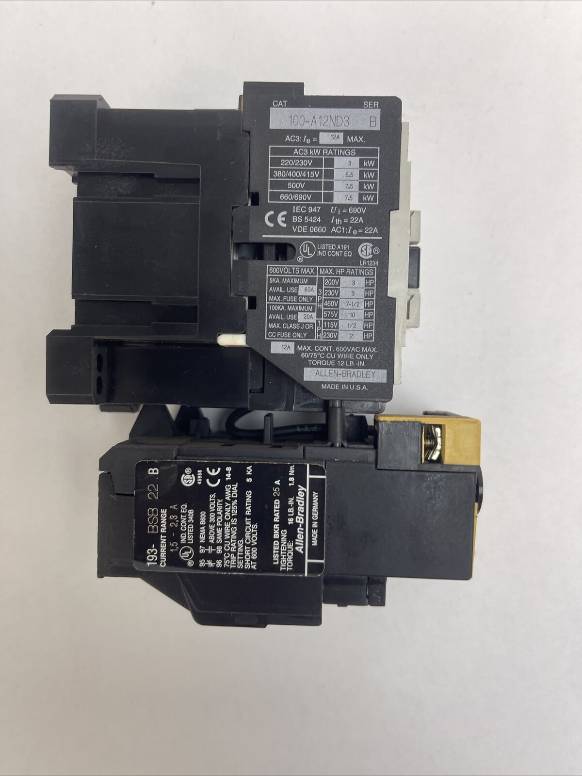 ALLEN BRADLEY STARTER 100-A12ND3 SER B 600VAC 12A 10HP COIL 120V 60HZ 193-BSB 22