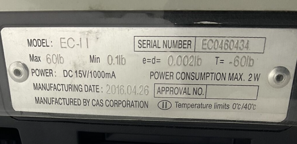 CAS CORPORATION EC-11 60LBS 15VDC SCALE **NO CORD**