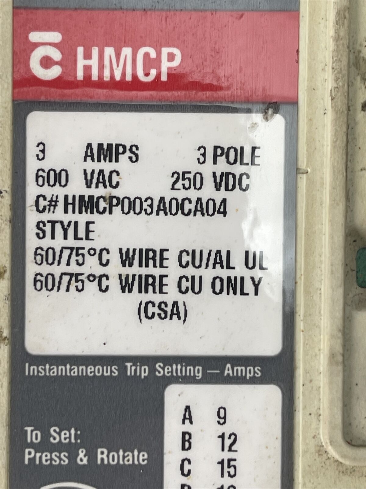 WESTINGHOUSE HMCP003A0CA04 CIRCUIT BREAKER 600VAC 250VDC 3AMP 3POLE A1X1LT