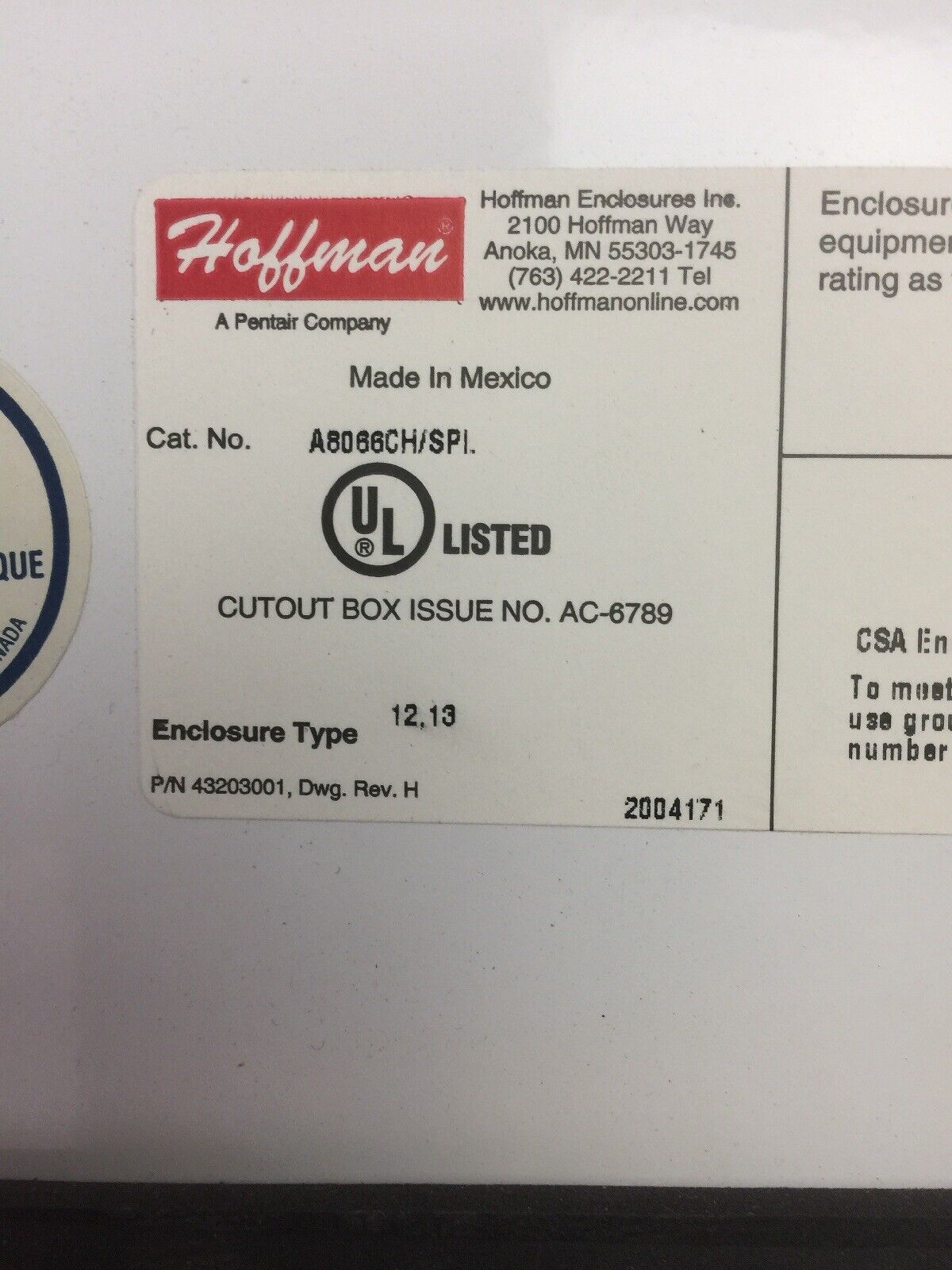 HOFFMAN A8066CH/SPI ENCLOSURE TYPE 12,13