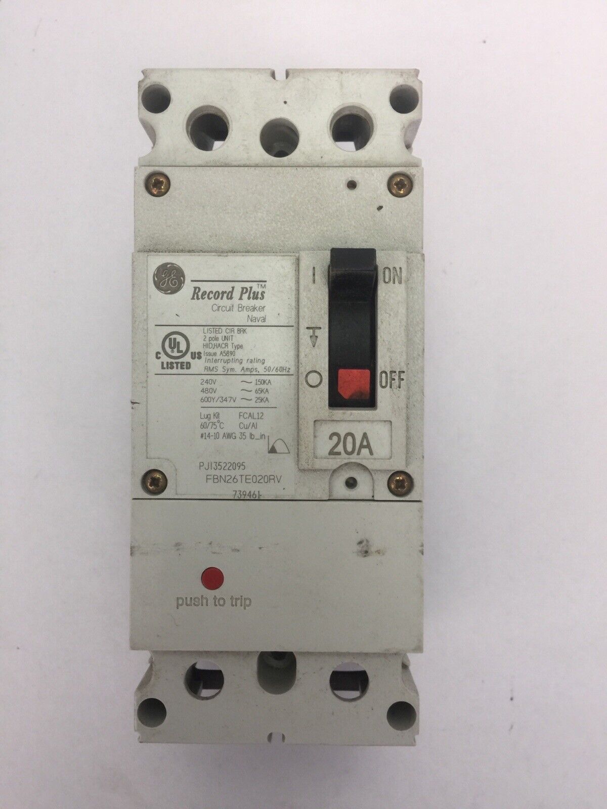 GE FBN26TE020RV RECORD PLUS CIRCUIT BREAKER 20A 240/480VAC 600Y/347VAC 50/60HZ