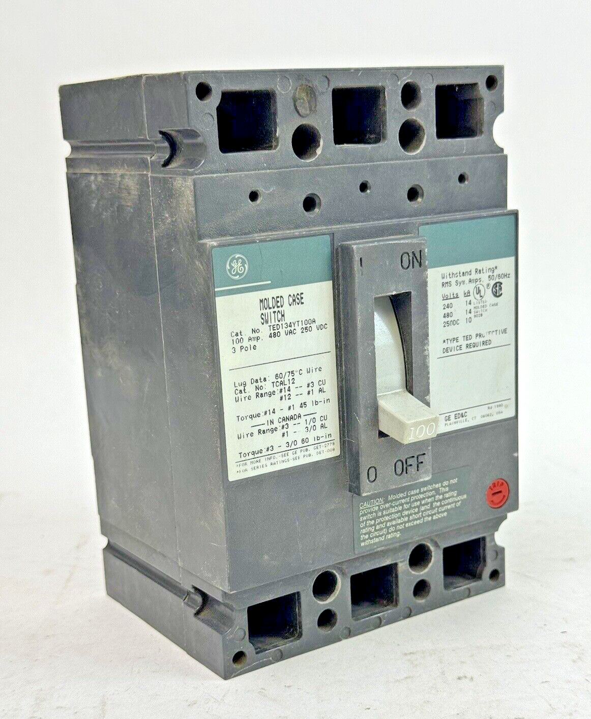 GE - TED134YT100A - MOLDED CASE SWITCH - 3 POLE, 100 A, 480 VAC