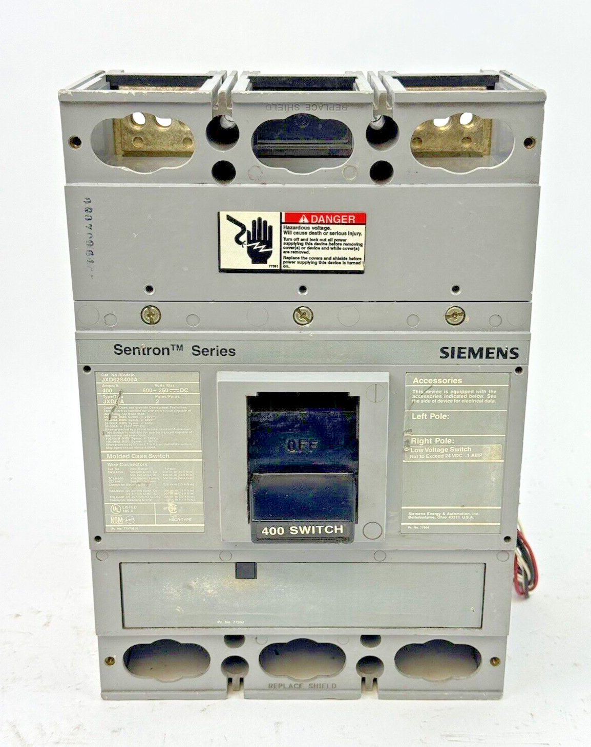 SIEMENS - JXD62S400A - SWITCH W/ A01JLDLV LOW VOLT AUX SWITCH 2 POLE/400A/600VAC
