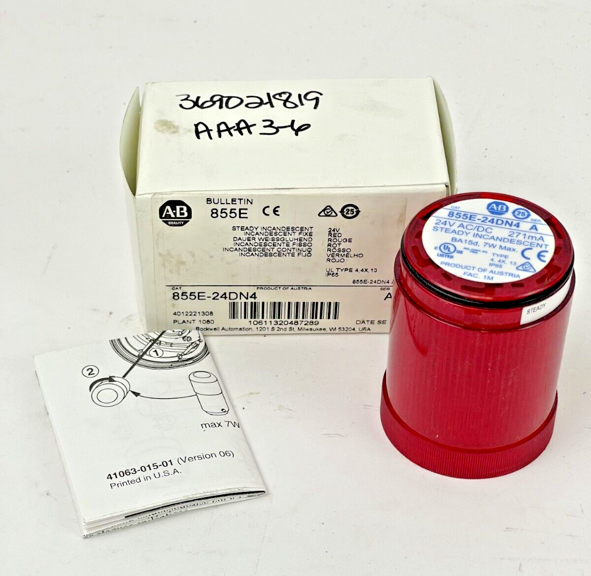 ALLEN BRADLEY - 855E-24DN4 - Ser. A - RED INCANDESCENT STEADY LIGHT - 24 VAC/VDC
