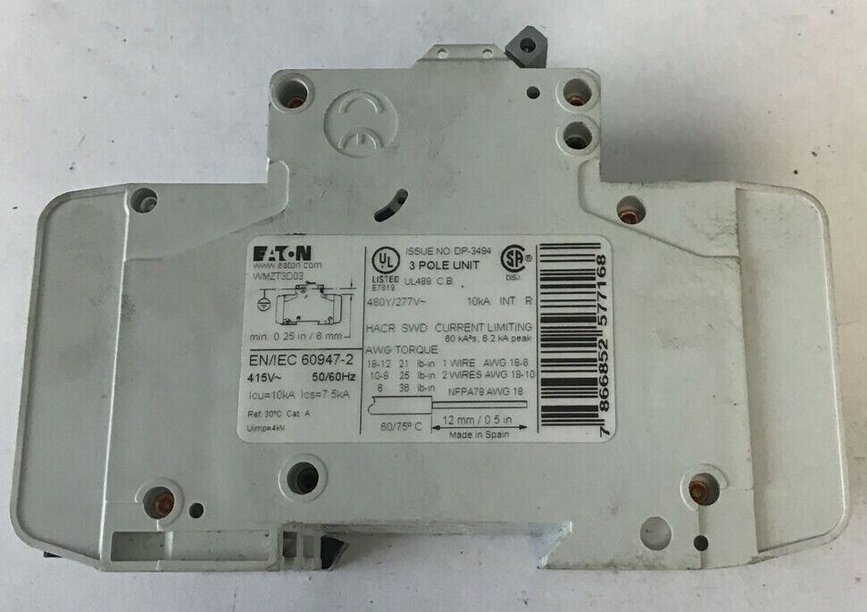 EATON WMZT3D03 CIRCUIT BREAKER 3A 480Y/277VAC 10KA 3 POLE 50/60HZ