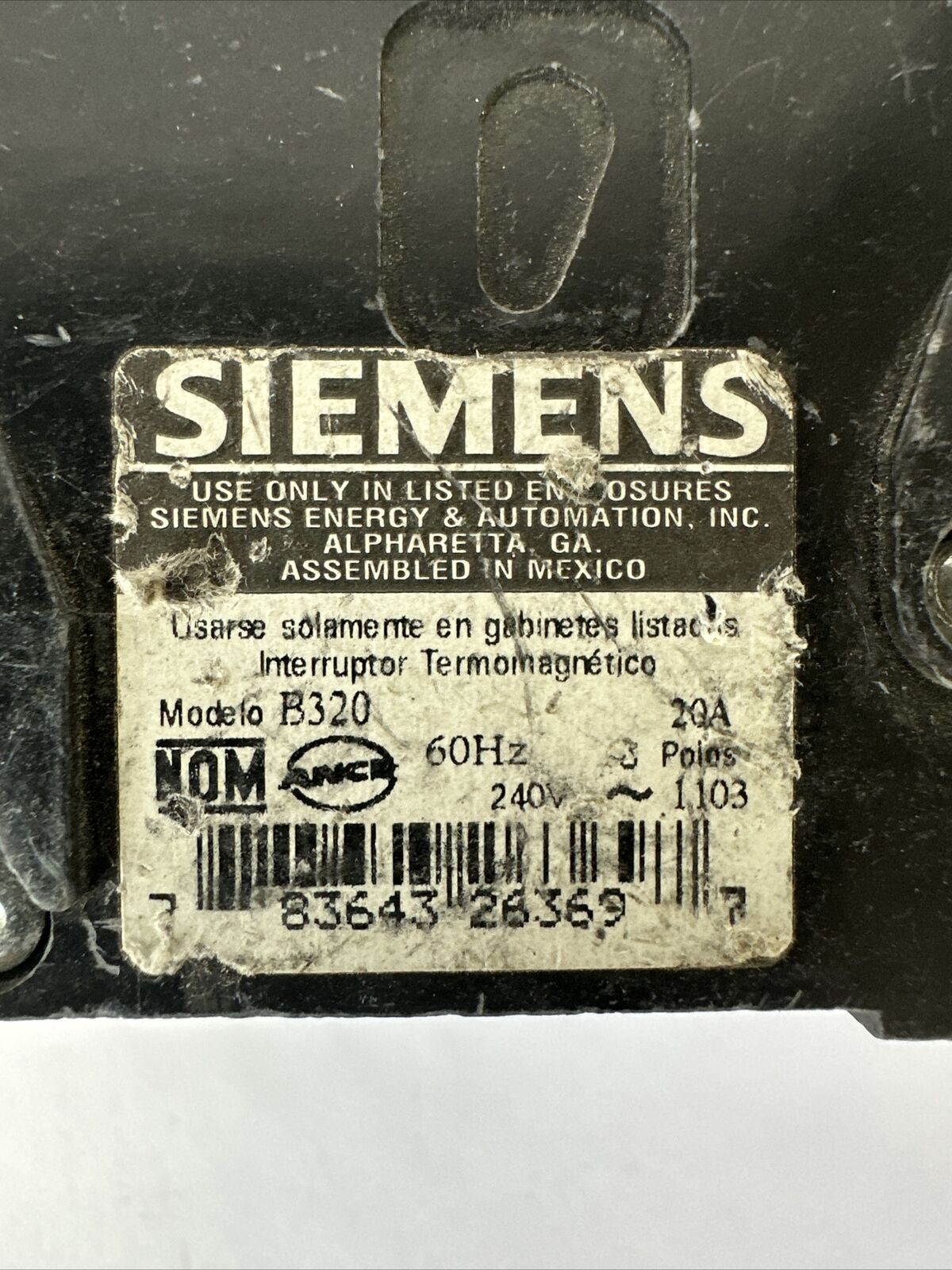 SIEMENS B320 CIRCUIT BREAKER 240VAC 20AMP 3POLE TYPE BL