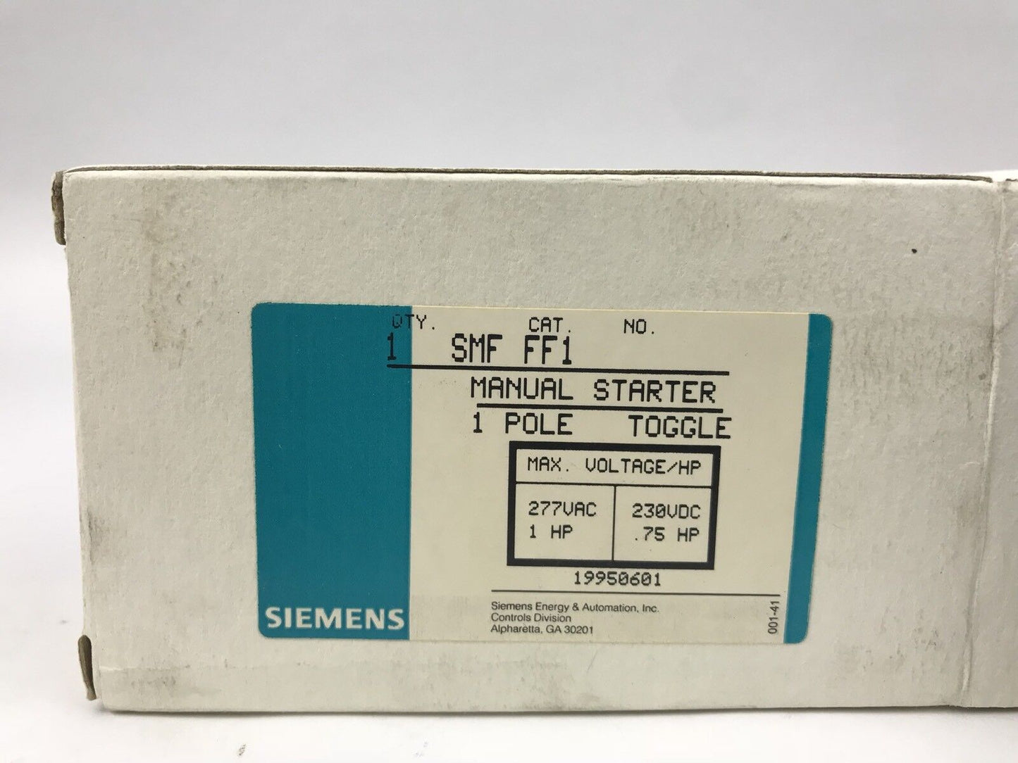 Siemens Manual Starter 1 Pole Toggle SMF FF1, 277VAC/ 1HP, 230VDC/.75HP, NEW