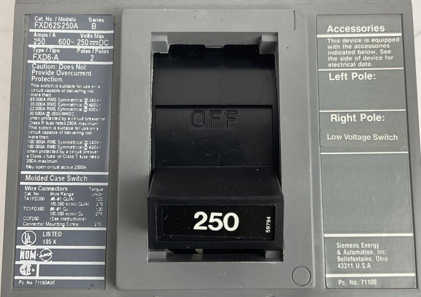 SIEMENS FXD62S250A CIRCUIT BREAKER 250A 600V 50-60HZ 2POLE SER.B