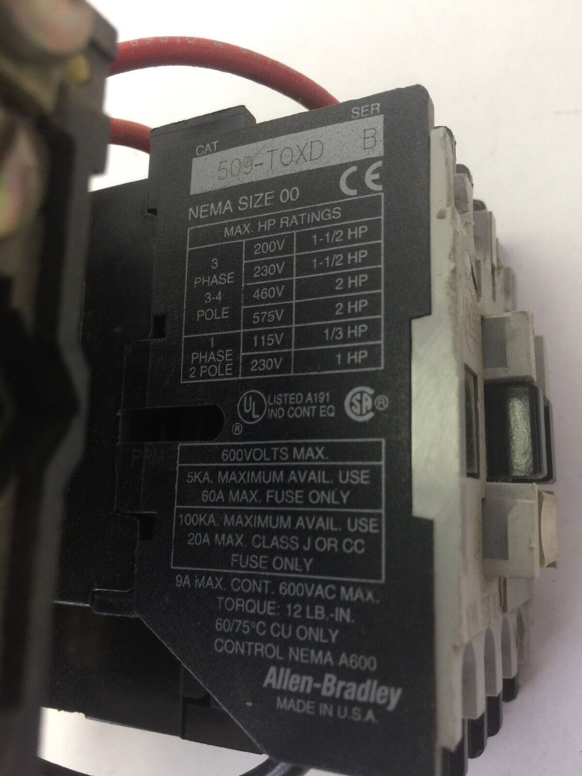 ALLEN BRADLEY 509-TOXD STARTER SER B 600VAC 9A 2HP COIL 120V 60HZ 110V 50HZ