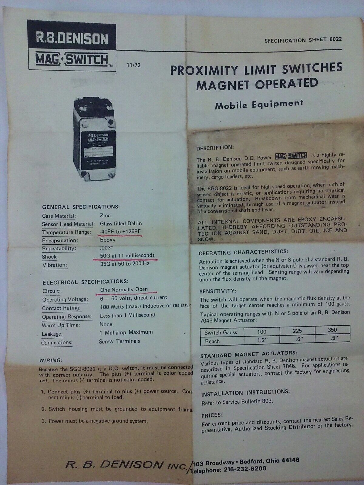 R.B.DENISON SGO-8022 MAG OPERATED LIMIT SWITCH 6/60VDC, 100W.RES/IND, LOT OF 2