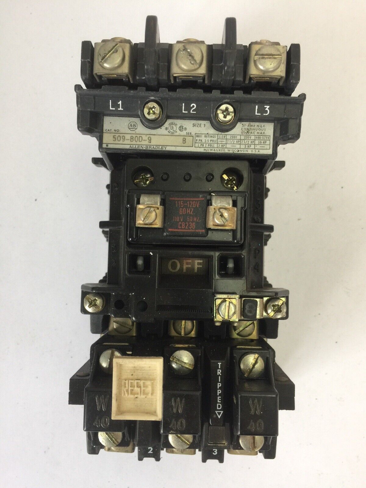 ALLEN BRADLEY 509-BOD-9 SIZE1 STARTER 600VAC 27AMP 10HP W40 HEATERS 120V COIL