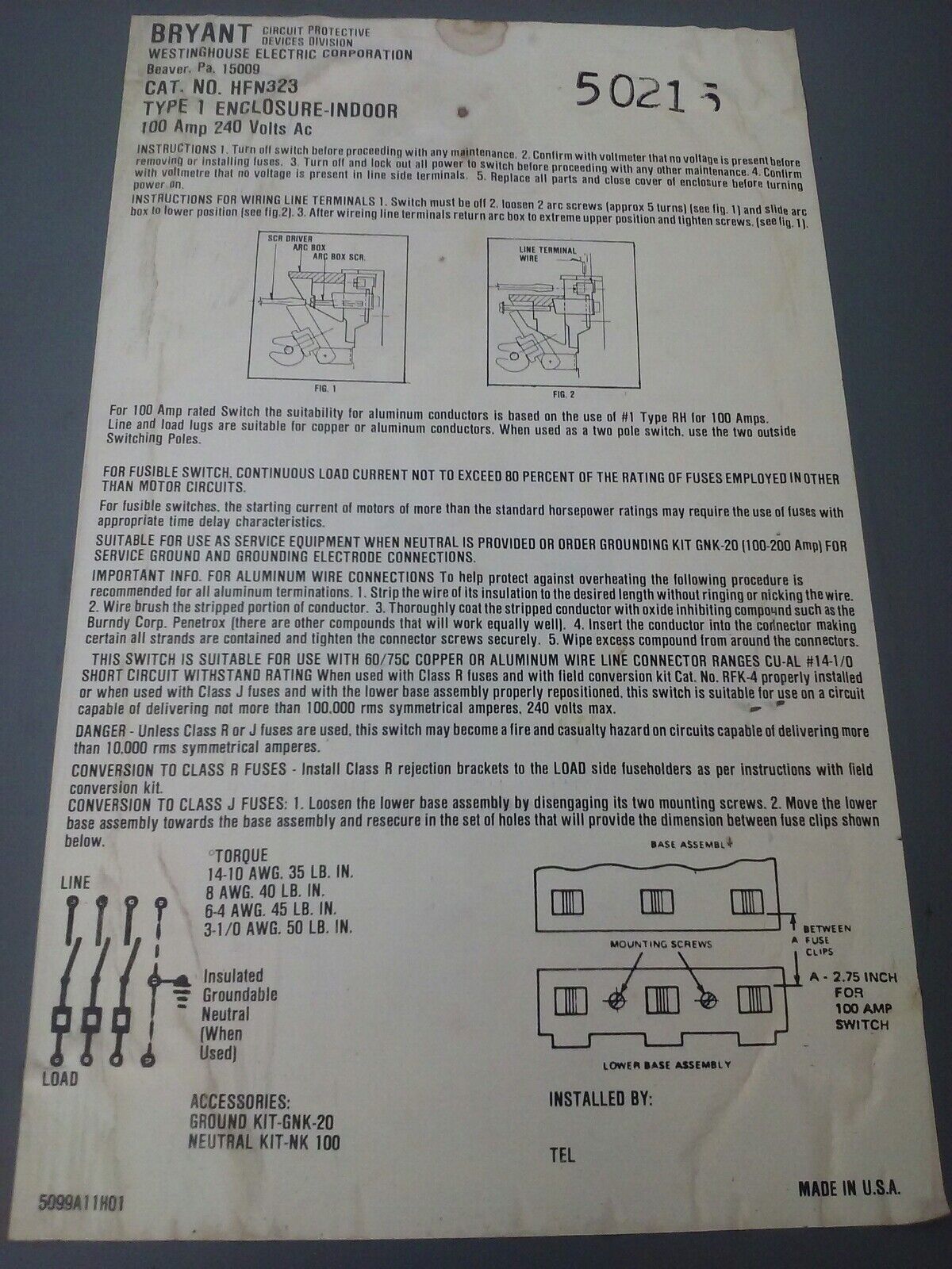 WESTINGHOUSE HFN323 NON FUSIBLE SAFETY SWITCH 100A 240V 3PH 30HP TYPE 1 INDOOR