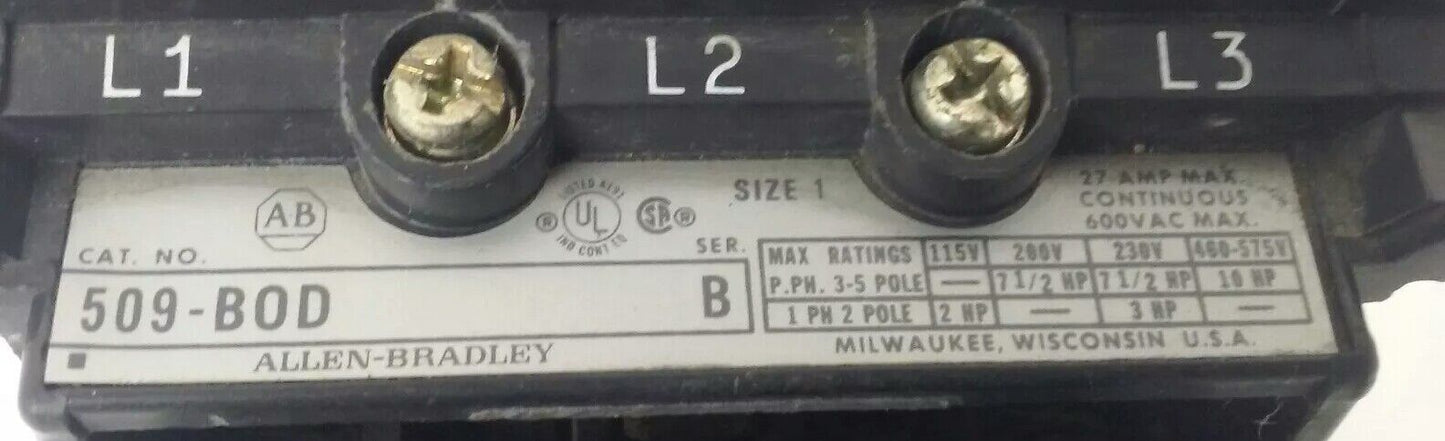 ALLEN BRADLEY 509-BOD SERIES B, SIZE 1, MOTOR STARTER, 27A, 600V,3-5P, 120V COIL