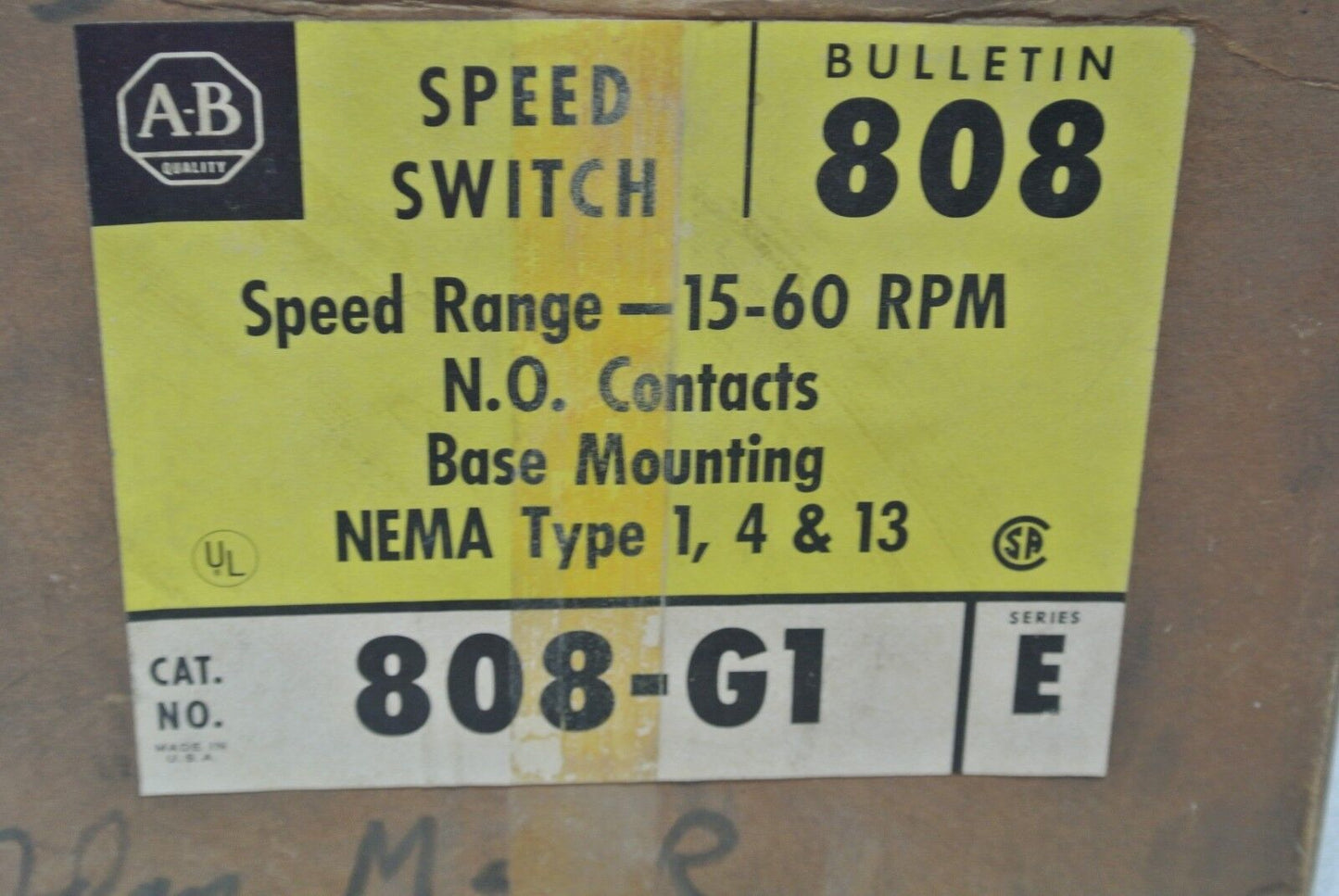 ALLEN-BRADLEY 808-GL1A1 Ser. E SPEED SWITCH 15-60 rpm, 808-GL1A1 - N.O. CONTACTS