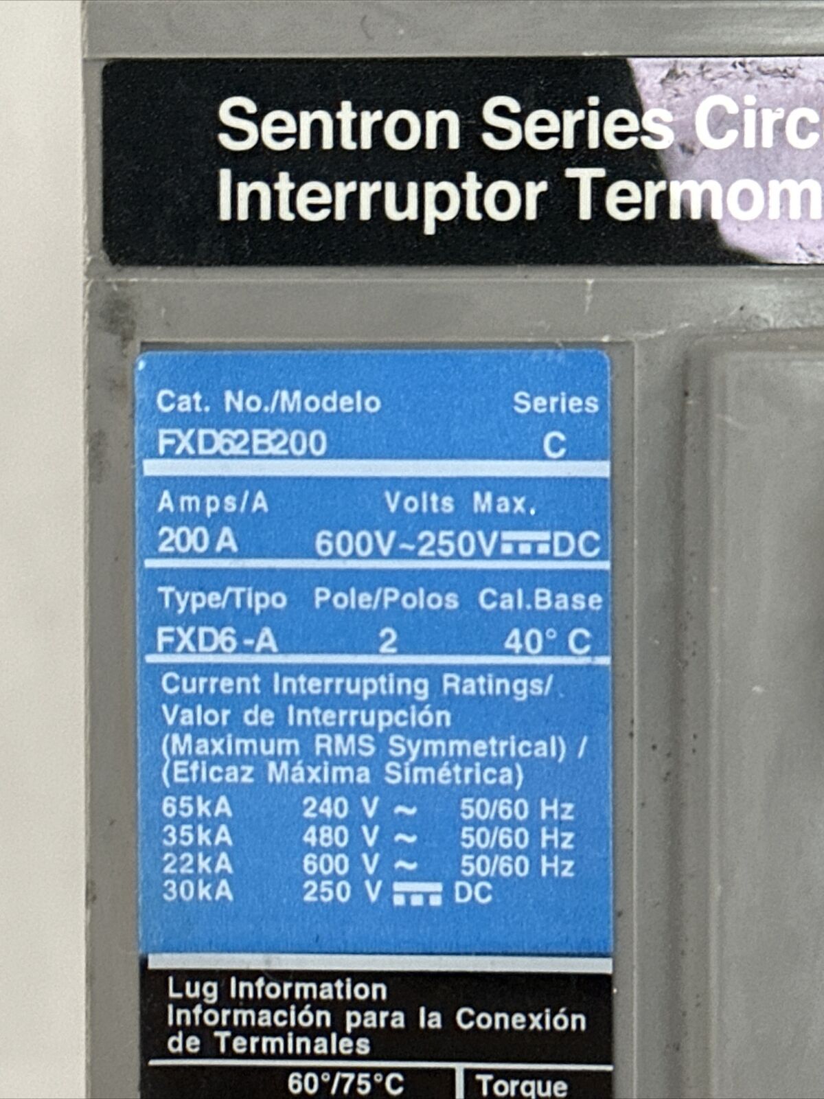 SIEMENS FXD62B200 CIRCUIT BREAKER 200A 600VAC 250VDC SER C S01FD60 SHUNT TRIP