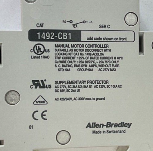 ALLEN BRADLEY 1492-CB1 G030 CIRCUIT BREAKER 3A SER.C 1/3HP 277VAC 1PH**LOTOF4**