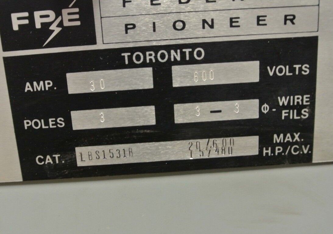 FPE / FEDERAL PIONEER ELECTRIC LBS1531A - BUS PLUG / SWITCH 600V, 30A,3P, 3W