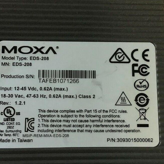 MOXA EDS-208 ETHERNET SWITCH 45VDC 30VAC 63HZ CLASS2 REV: 1.2.1