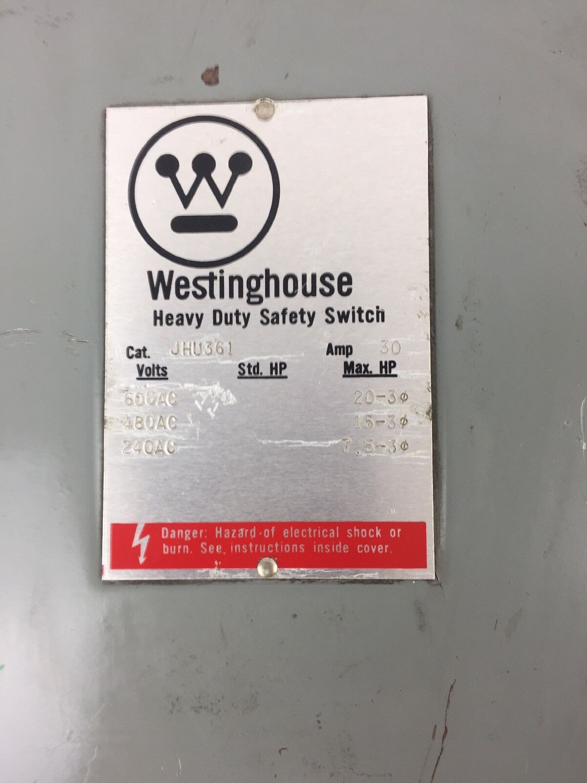 WESTINGHOUSE JHU361 HEAVY DUTY SAFETY SWITCH 600 VAC 480 VAC 240 VAC 30 AMP