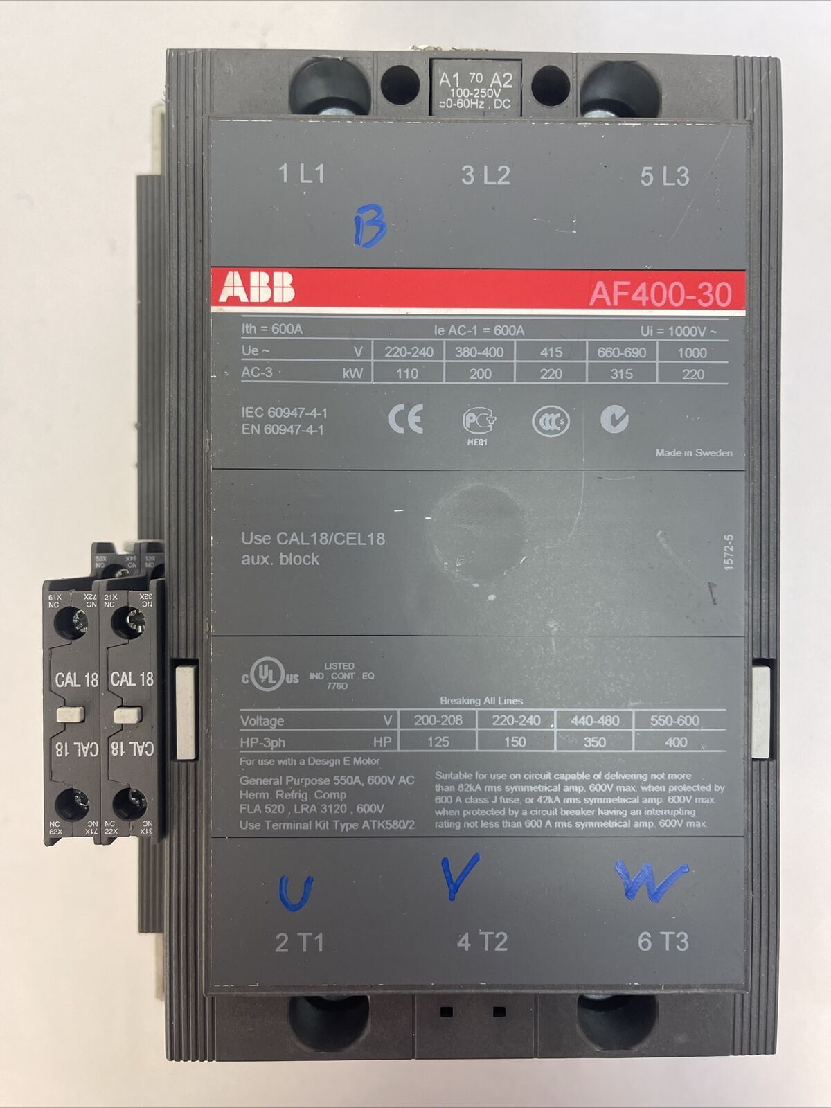 ABB AF400-30 CONTACTOR 600VAC 400HP 3PH 3POLE 550A COIL 100-250VDC 50-60hz