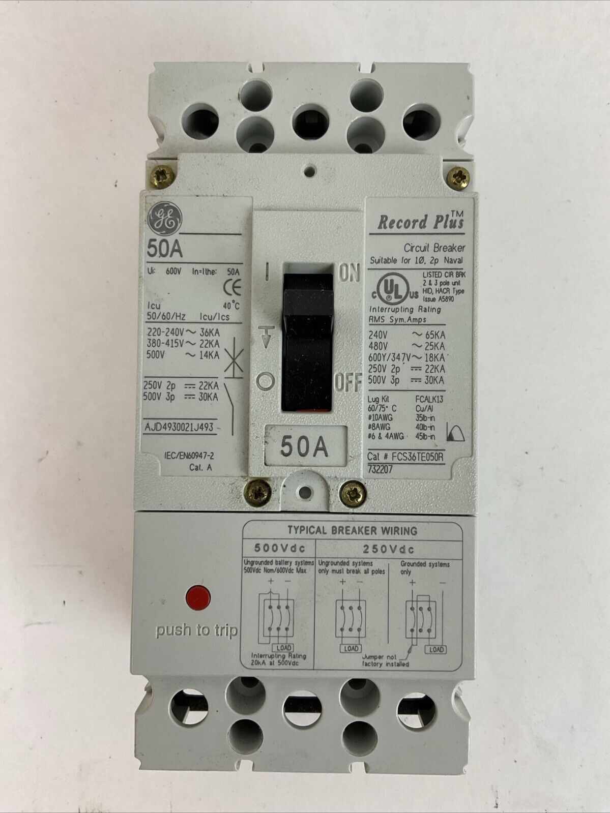 GE FCS36TE050R RECORD PLUS CIRCUIT BREAKER 50AMP 500VDC 600Y/347VAC 480VAC 3POLE
