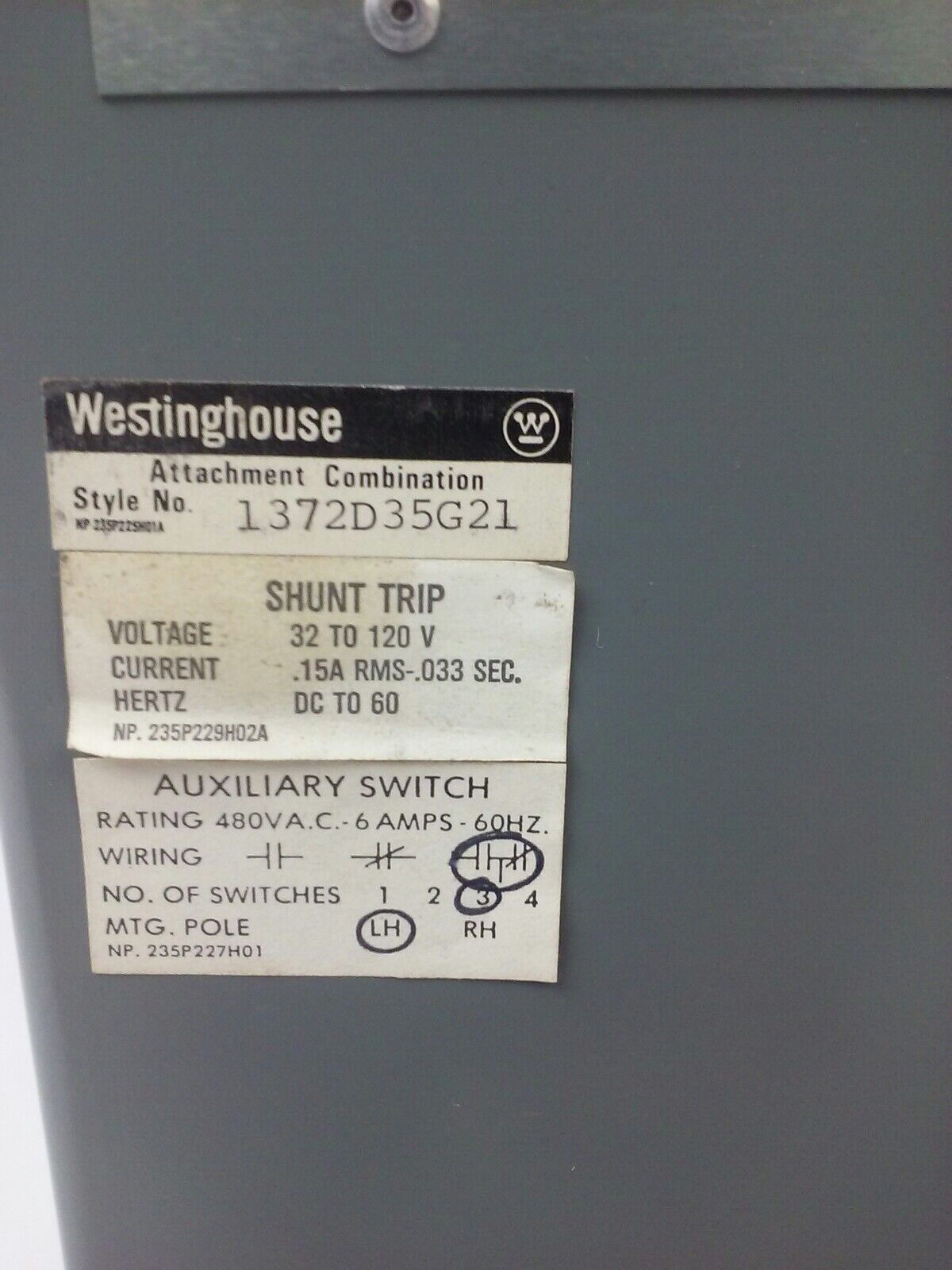 WESTINGHOUSE PC32000FM 3P 600V, MOTOR OPERATER 5661D52G01 TYPE PC 120V 2P OR 3P